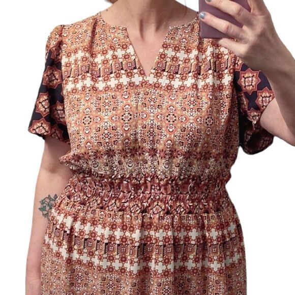 Isabel & Nina Navy Blue Red Multi Printed Short Sleeve Midi Tiered Dress Large - Picture 4 of 14